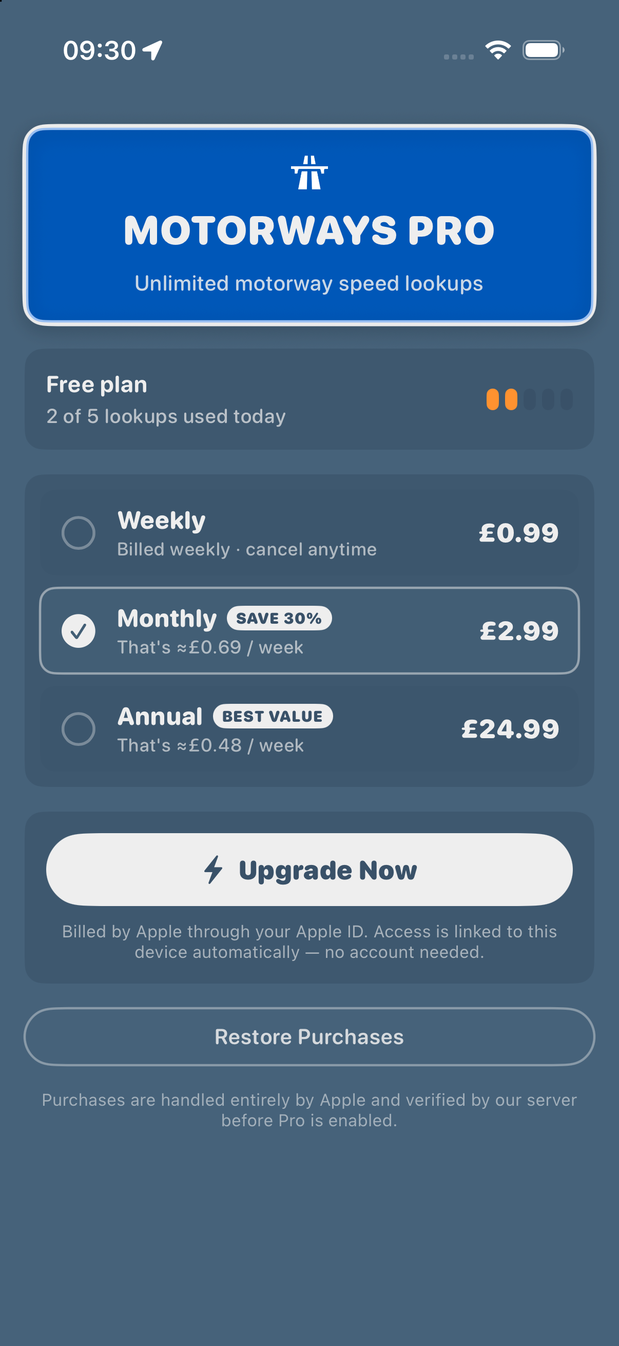 Motorways Pro subscription screen with weekly, monthly and annual tiers